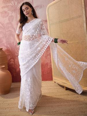 White blue embroidered sheer saree with floral motifs 1