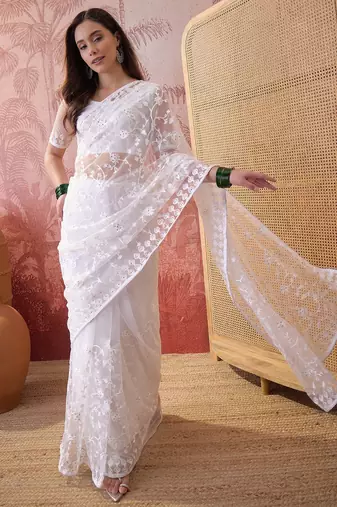 White blue embroidered sheer saree with floral motifs