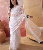 White blue embroidered sheer saree with floral motifs