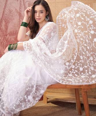 White blue embroidered sheer saree with floral motifs 2