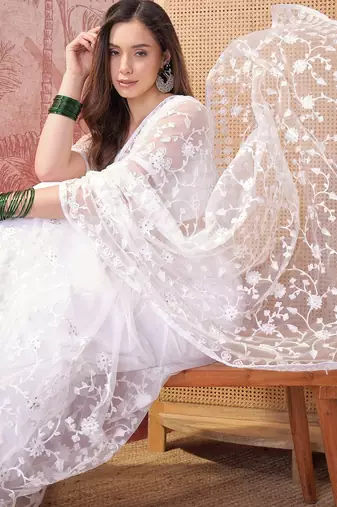 White blue embroidered sheer saree with floral motifs