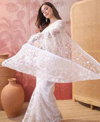 White blue embroidered sheer saree with floral motifs 3