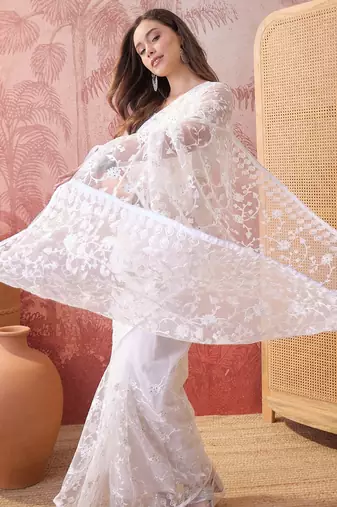 White blue embroidered sheer saree with floral motifs