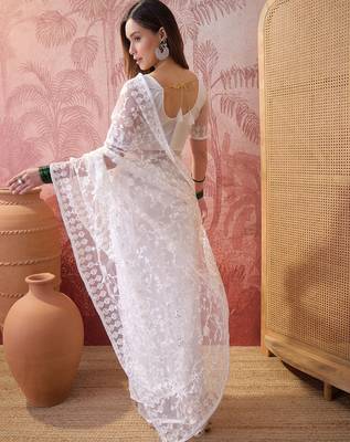 White blue embroidered sheer saree with floral motifs 4