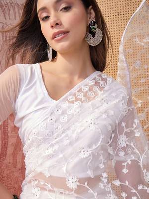 White blue embroidered sheer saree with floral motifs 5
