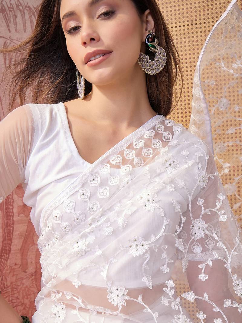 White blue embroidered sheer saree with floral motifs
