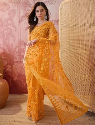 Mustard blue embroidered sheer saree with floral motifs 1