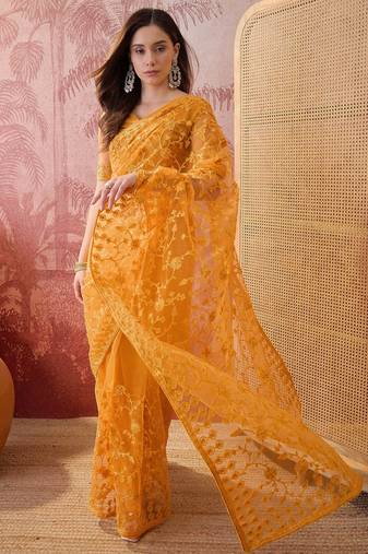 Mustard blue embroidered sheer saree with floral motifs