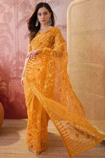 Mustard blue embroidered sheer saree with floral motifs