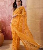 Mustard blue embroidered sheer saree with floral motifs