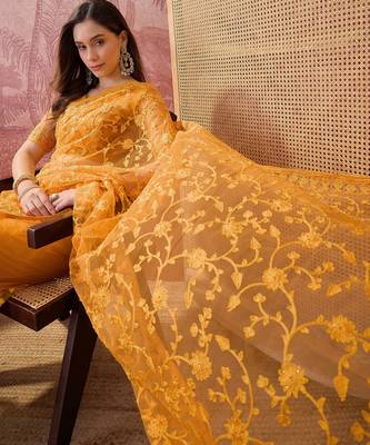 Mustard blue embroidered sheer saree with floral motifs 2