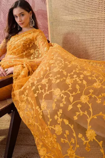 Mustard blue embroidered sheer saree with floral motifs