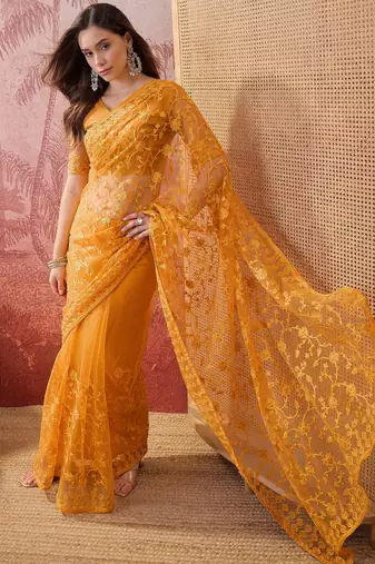 Mustard blue embroidered sheer saree with floral motifs