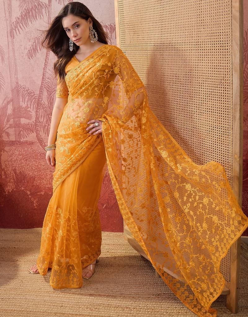 Mustard blue embroidered sheer saree with floral motifs
