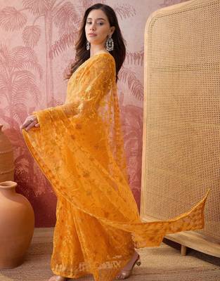 Mustard blue embroidered sheer saree with floral motifs 4