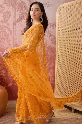 Mustard blue embroidered sheer saree with floral motifs