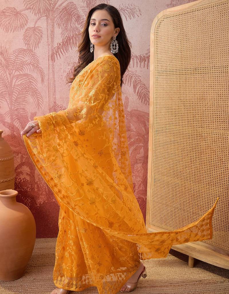 Mustard blue embroidered sheer saree with floral motifs