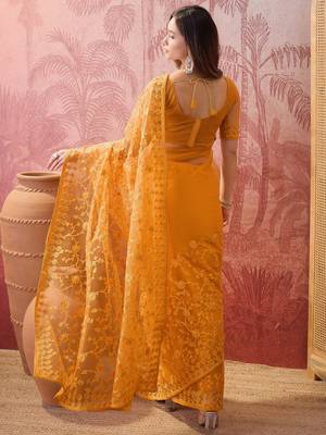 Mustard blue embroidered sheer saree with floral motifs 5