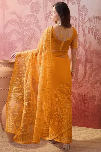 Mustard blue embroidered sheer saree with floral motifs