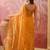 Mustard blue embroidered sheer saree with floral motifs