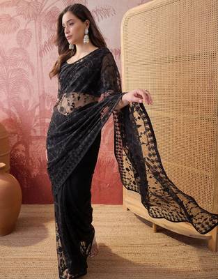 Black blue embroidered sheer saree with floral motifs 1