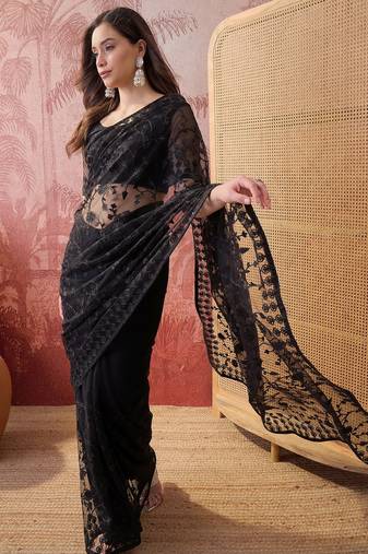 Black blue embroidered sheer saree with floral motifs