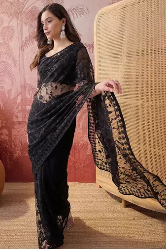 Black blue embroidered sheer saree with floral motifs