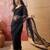 Black blue embroidered sheer saree with floral motifs