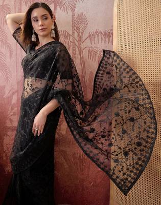 Black blue embroidered sheer saree with floral motifs 2