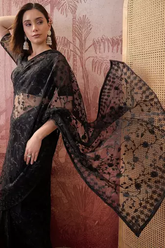 Black blue embroidered sheer saree with floral motifs