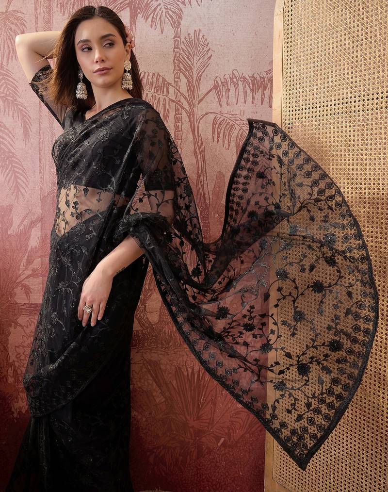 Black blue embroidered sheer saree with floral motifs