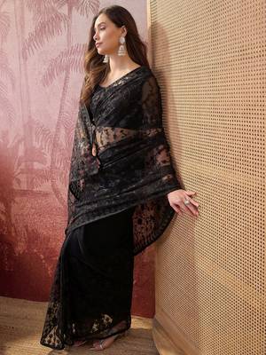 Black blue embroidered sheer saree with floral motifs 3