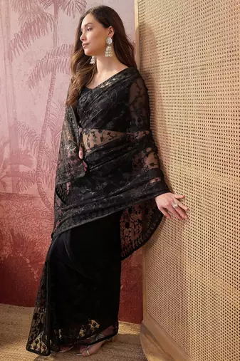 Black blue embroidered sheer saree with floral motifs