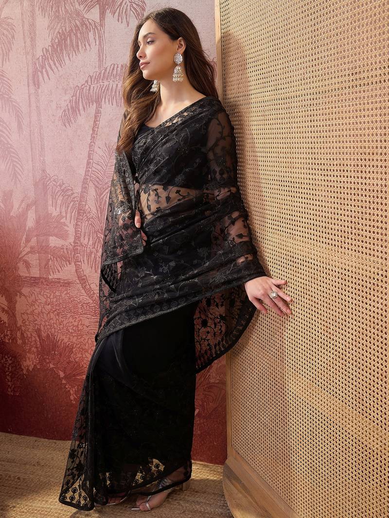 Black blue embroidered sheer saree with floral motifs