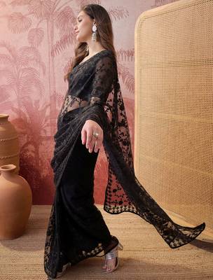 Black blue embroidered sheer saree with floral motifs 4