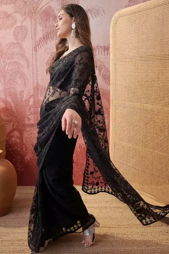 Black blue embroidered sheer saree with floral motifs