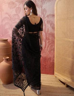 Black blue embroidered sheer saree with floral motifs 5