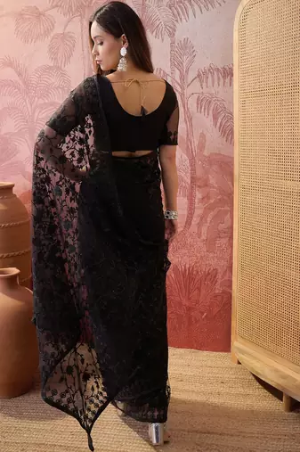 Black blue embroidered sheer saree with floral motifs