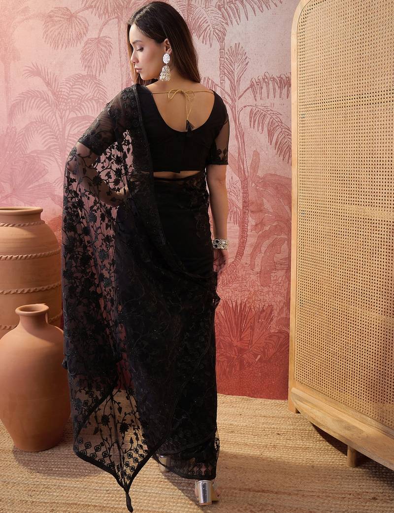 Black blue embroidered sheer saree with floral motifs