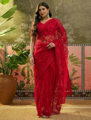 Red embroidered sheer saree with floral motifs 1