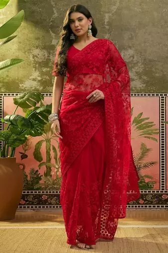 Red embroidered sheer saree with floral motifs