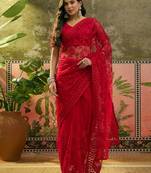 Red embroidered sheer saree with floral motifs