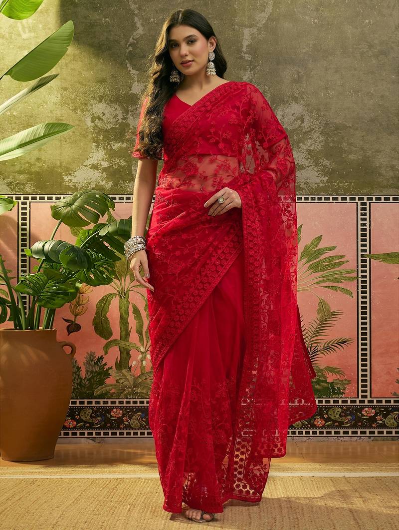 Red embroidered sheer saree with floral motifs