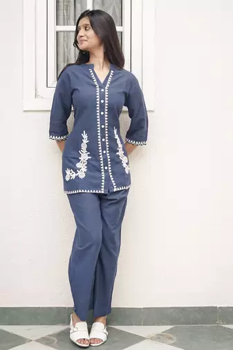 Embroidered Cotton-Linen Co-Ord Set with Pockets