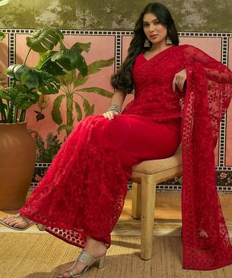 Red embroidered sheer saree with floral motifs 2