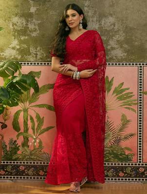 Red embroidered sheer saree with floral motifs 3