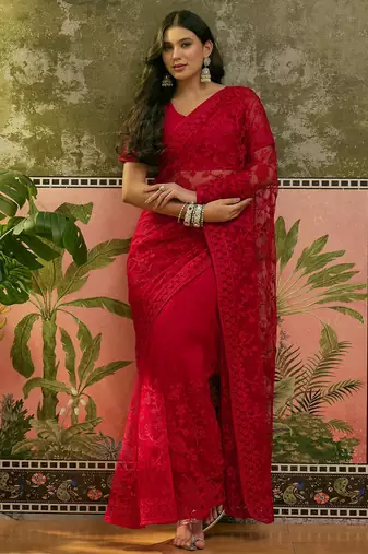 Red embroidered sheer saree with floral motifs