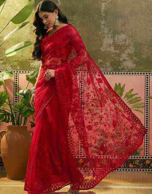 Red embroidered sheer saree with floral motifs 4