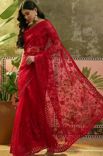 Red embroidered sheer saree with floral motifs