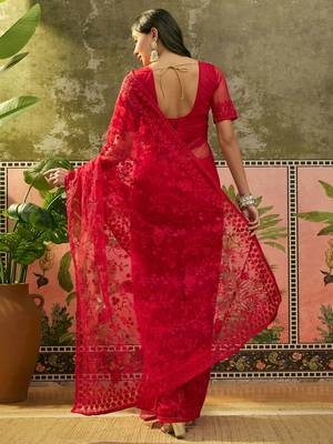 Red embroidered sheer saree with floral motifs 5